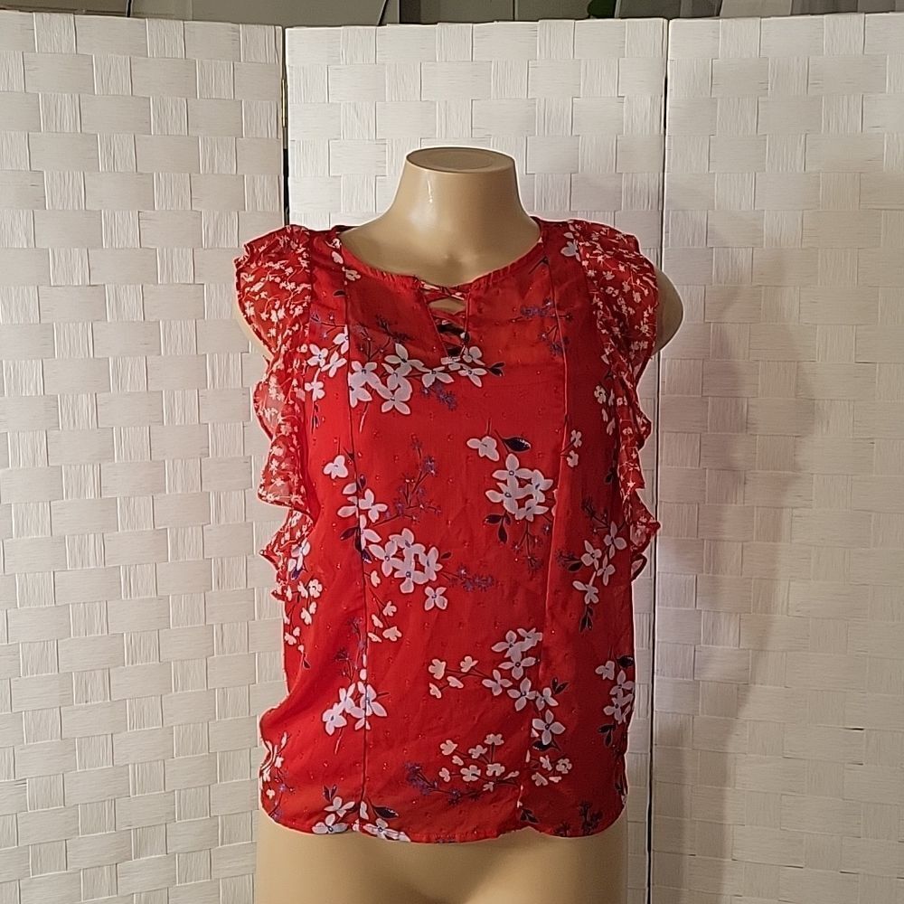 CANDIES CASUAL SLEEVELESS RUFFLE ROUNDNECK ALL OVER FLORAL PRINTED DESIGN SHIRT - Picture 4 of 13